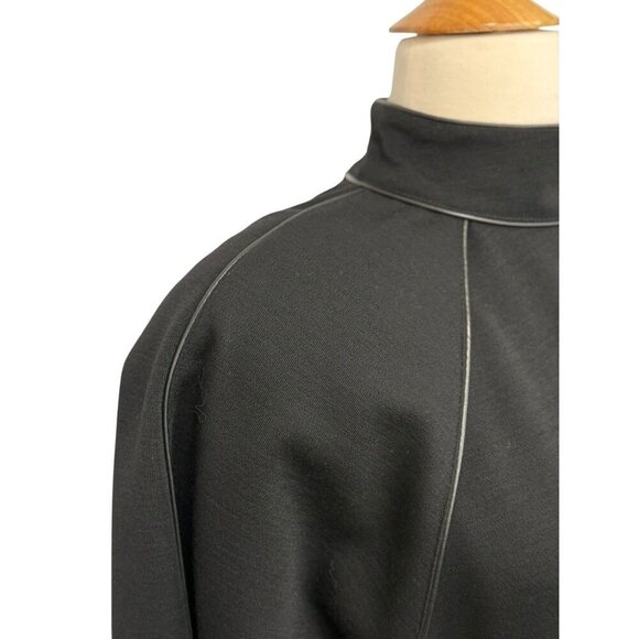 Caroline Rose Black Wool Dress Leather Trim Retro Shoulder Pads Pockets Size M - Picture 3 of 14